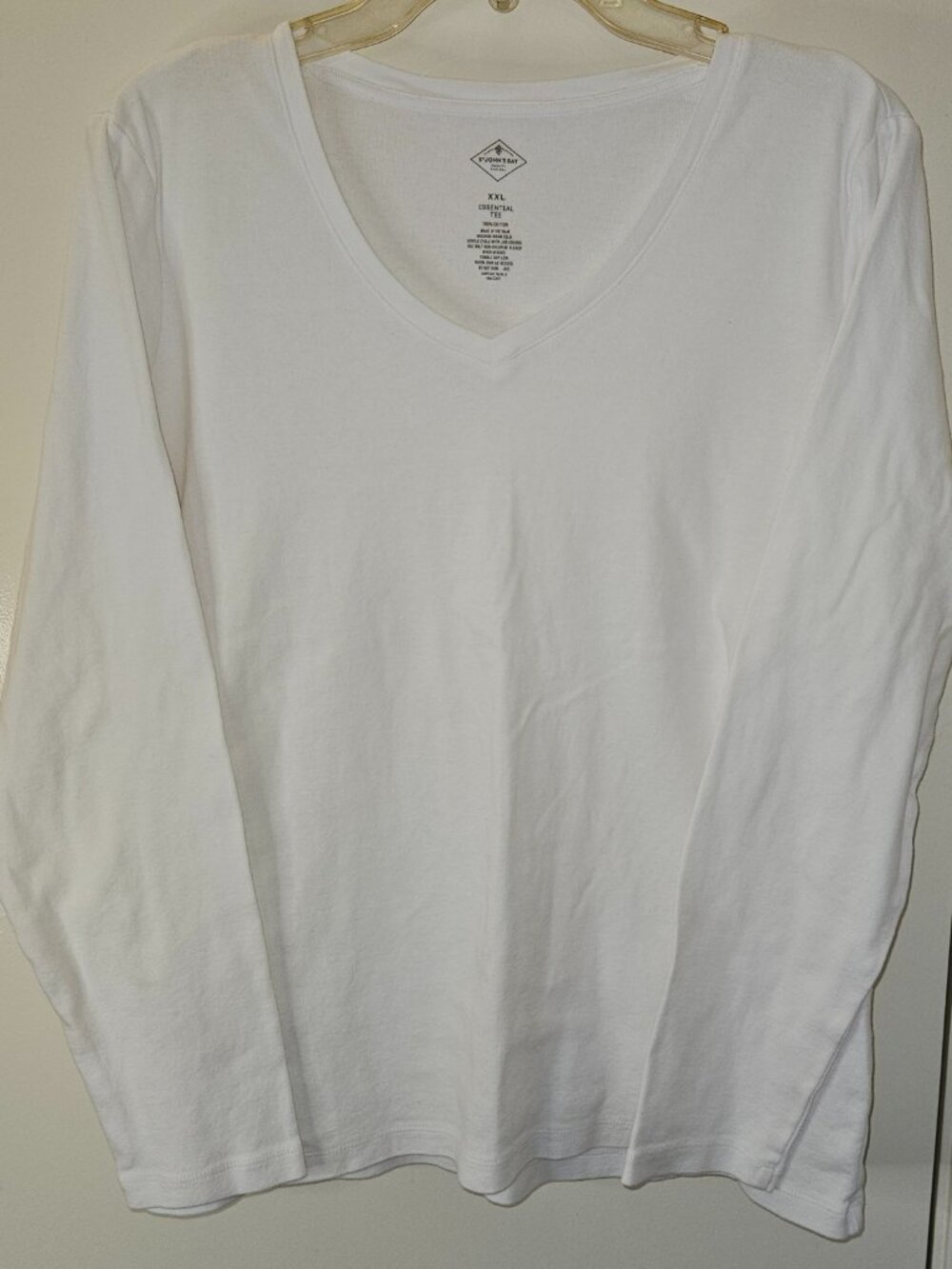 White St John's Bay V Neck Long Sleeve Basic Tee Shirt 100% Cotton Shirt, XXL